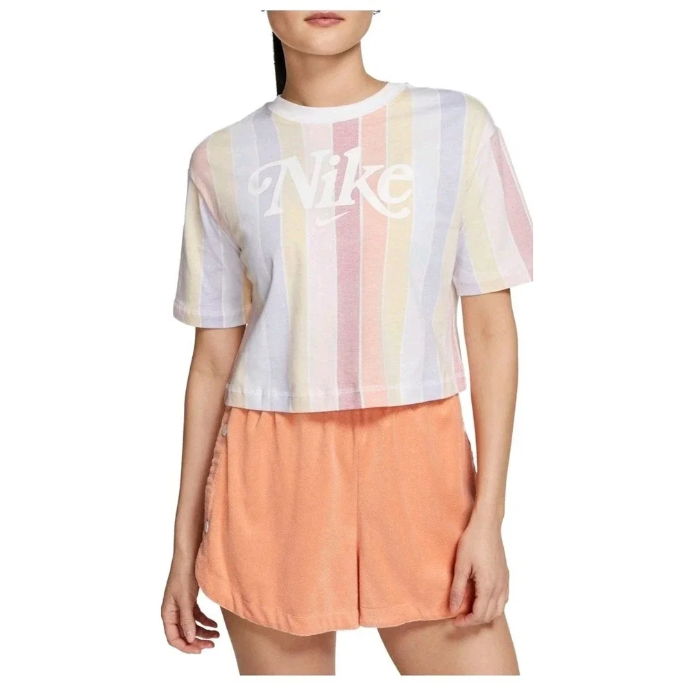 Nike‎ Womens 2X Cropped Tee Reverse Color Swoosh Logo Striped Retro